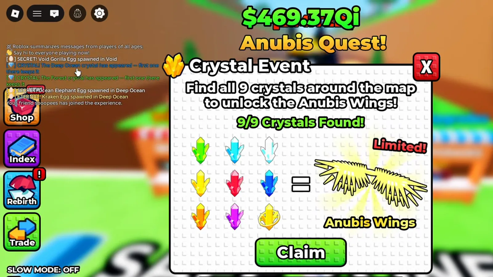 Panel Crystal Event de +1 Wings For Eggs con 9/9 cristales encontrados y el botón Claim de las Alas Anubis