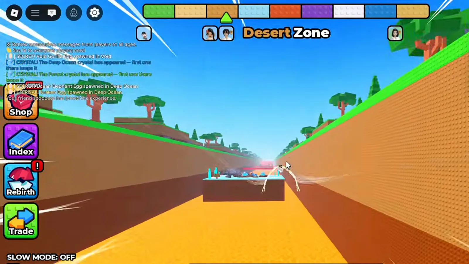 Letrero de Desert Zone en +1 Wings For Eggs mientras el chat muestra avisos de cristales y el camino por delante
