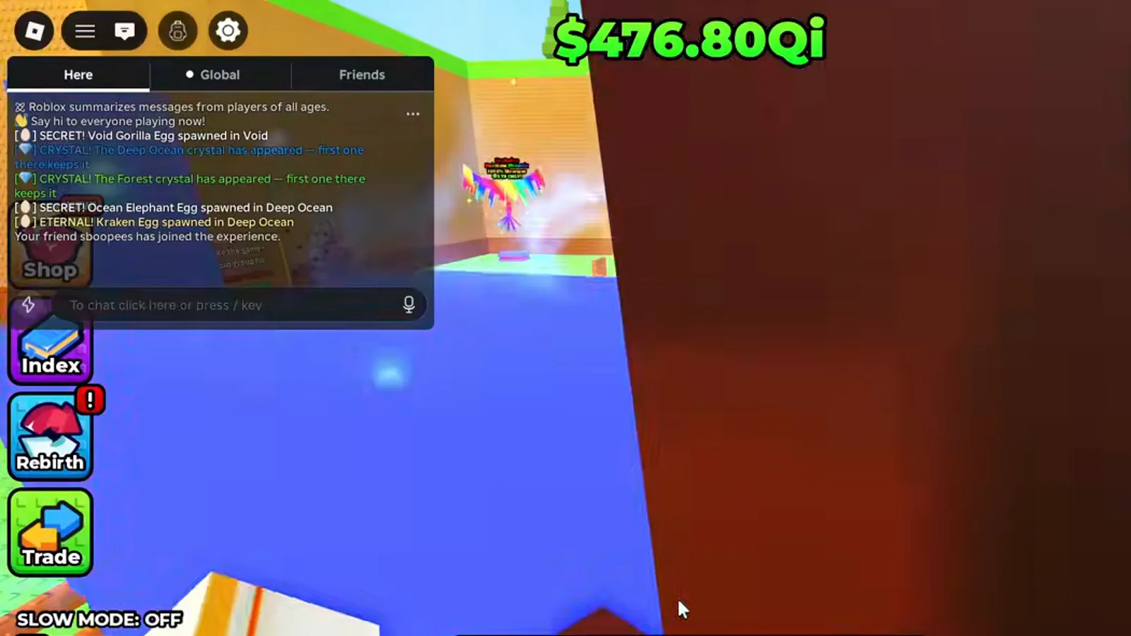 Chat de +1 Wings For Eggs anunciando que aparecieron los cristales de Deep Ocean y Forest para quien llegue primero