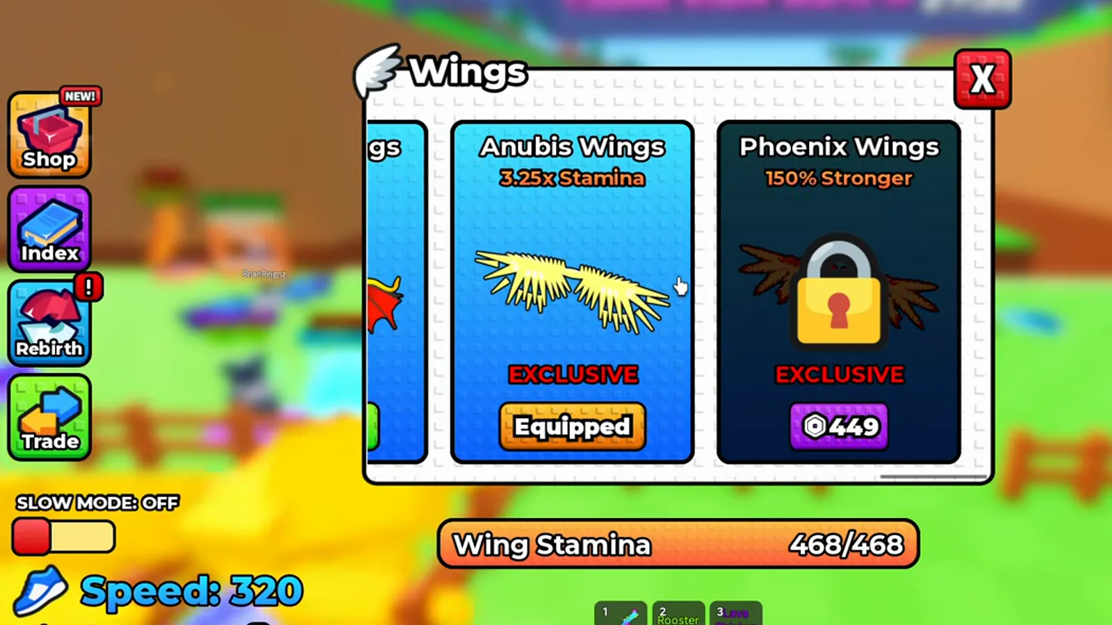 Tienda de alas de +1 Wings For Eggs con Alas Anubis a 3.25x Stamina, etiqueta Exclusive y estado Equipped