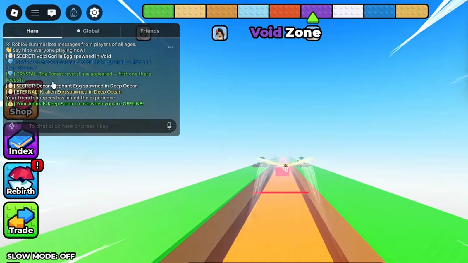 Letrero de Void Zone en +1 Wings For Eggs con el aviso de aparición de cristal todavía abierto en el chat global