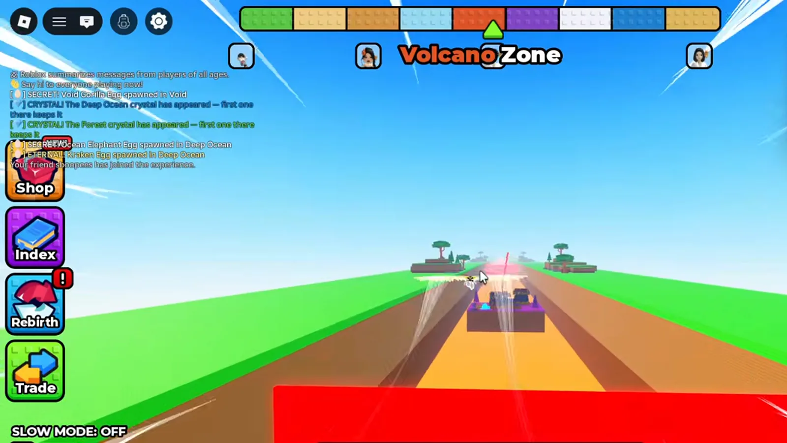 Letrero de Volcano Zone en +1 Wings For Eggs con el efecto rojo de daño por lava en la parte baja de la pantalla