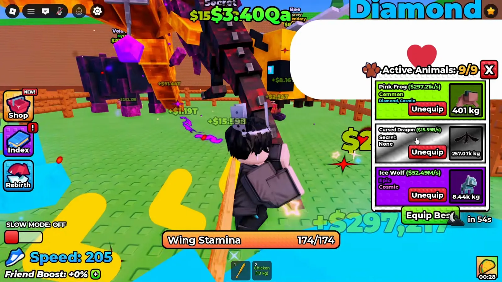 Panel Active Animals de +1 Wings For Eggs con un Cursed Dragon Secret de 15.59 billion por segundo