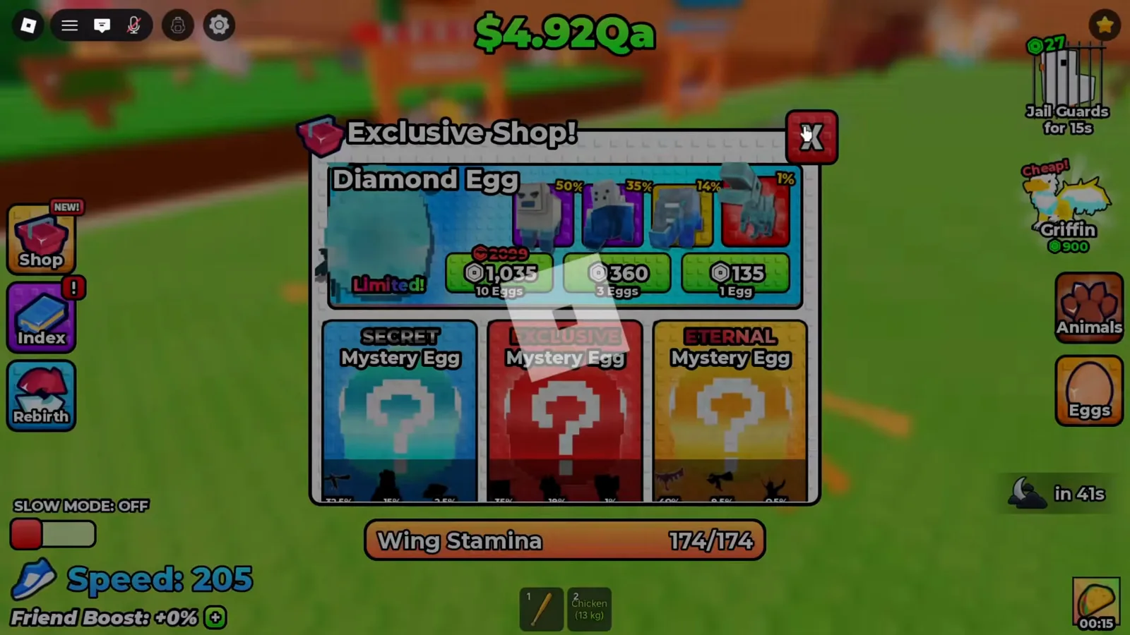Exclusive Shop de +1 Wings For Eggs con Mystery Eggs Secret, Exclusive y Eternal y las probabilidades del Diamond Egg