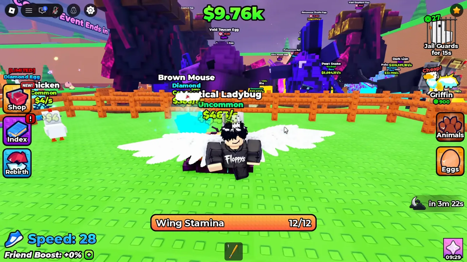 Corral de +1 Wings For Eggs con las tarjetas de Chicken, Brown Mouse y Mystical Ladybug y su dinero por segundo