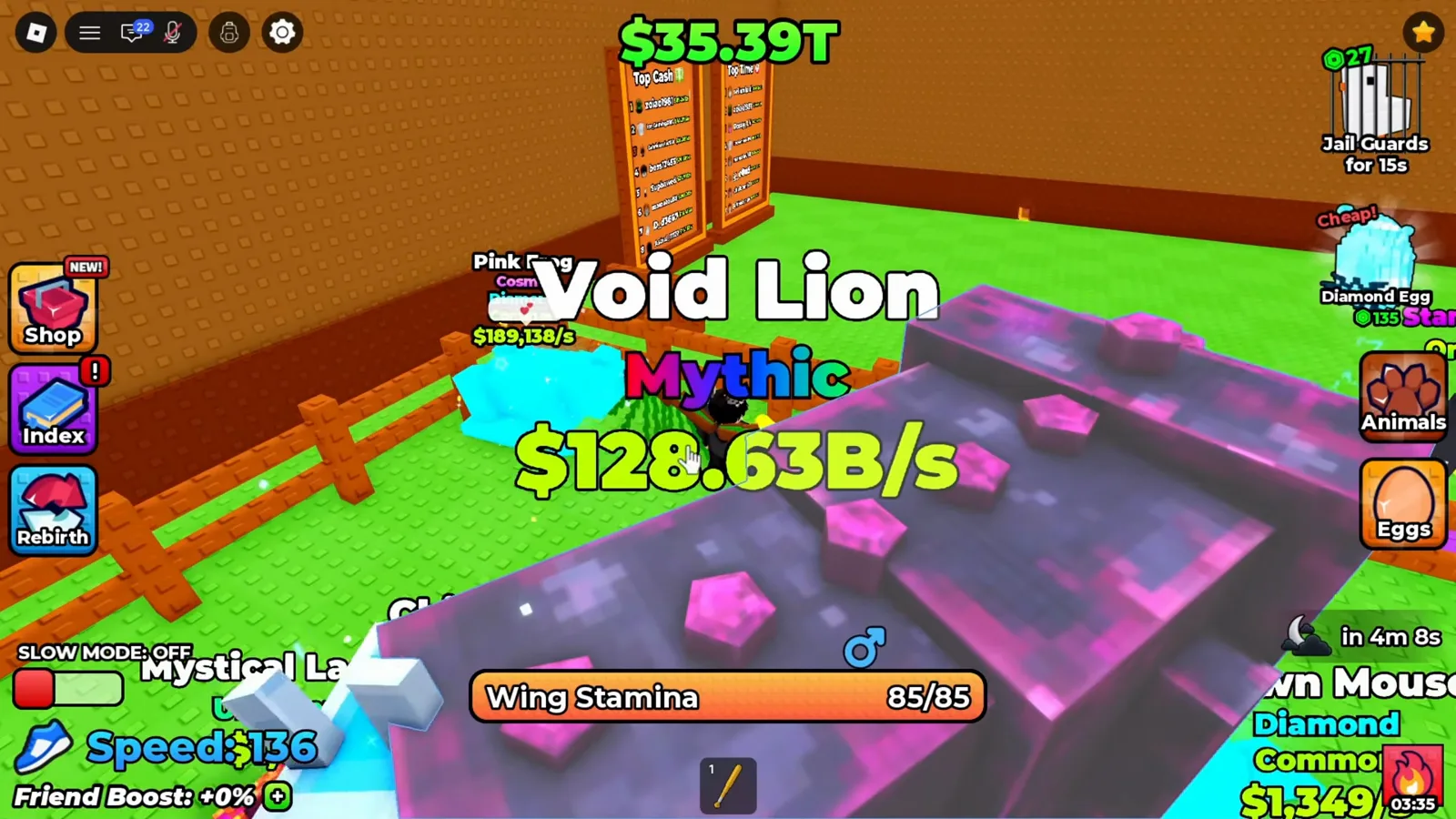 Tarjeta de un Void Lion Mythic en un corral de +1 Wings For Eggs con 128.63 billion por segundo