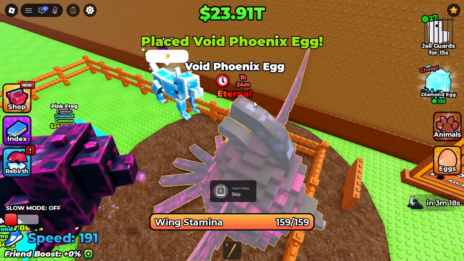 Tarjeta de un Void Phoenix Egg Eternal en +1 Wings For Eggs con temporizador de incubación de 1 hora 24 minutos