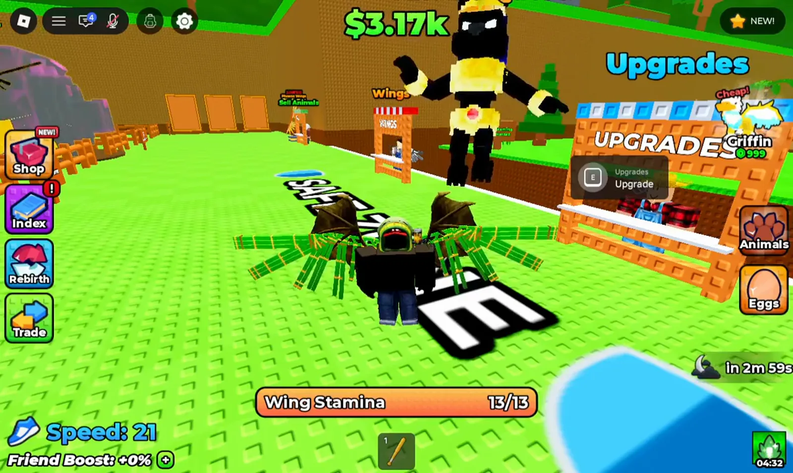 Player at the base in +1 Wings For Eggs standing between the UPGRADES board and the Wings stand with a discounted offer on the right rail