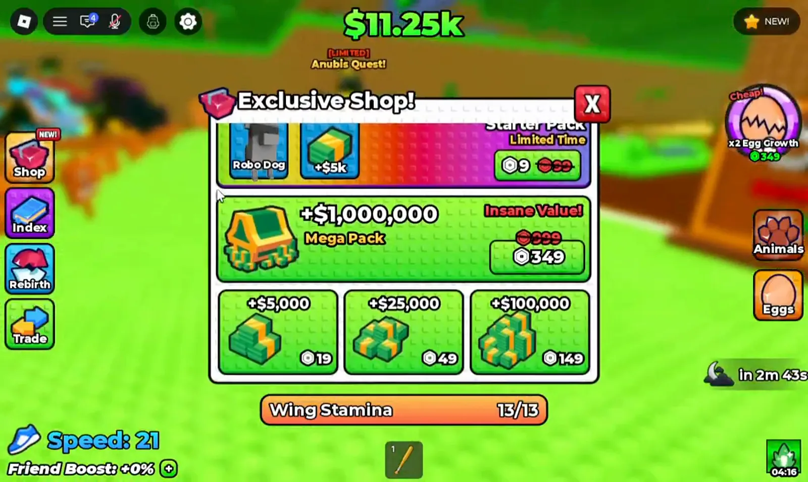 Exclusive Shop panel in +1 Wings For Eggs pricing the Starter Pack at 9 Robux and the one million cash Mega Pack at 349 Robux