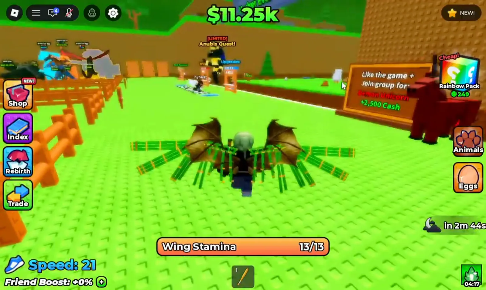 Base sign in +1 Wings For Eggs offering a free Demon Unicorn for liking the game and joining the group