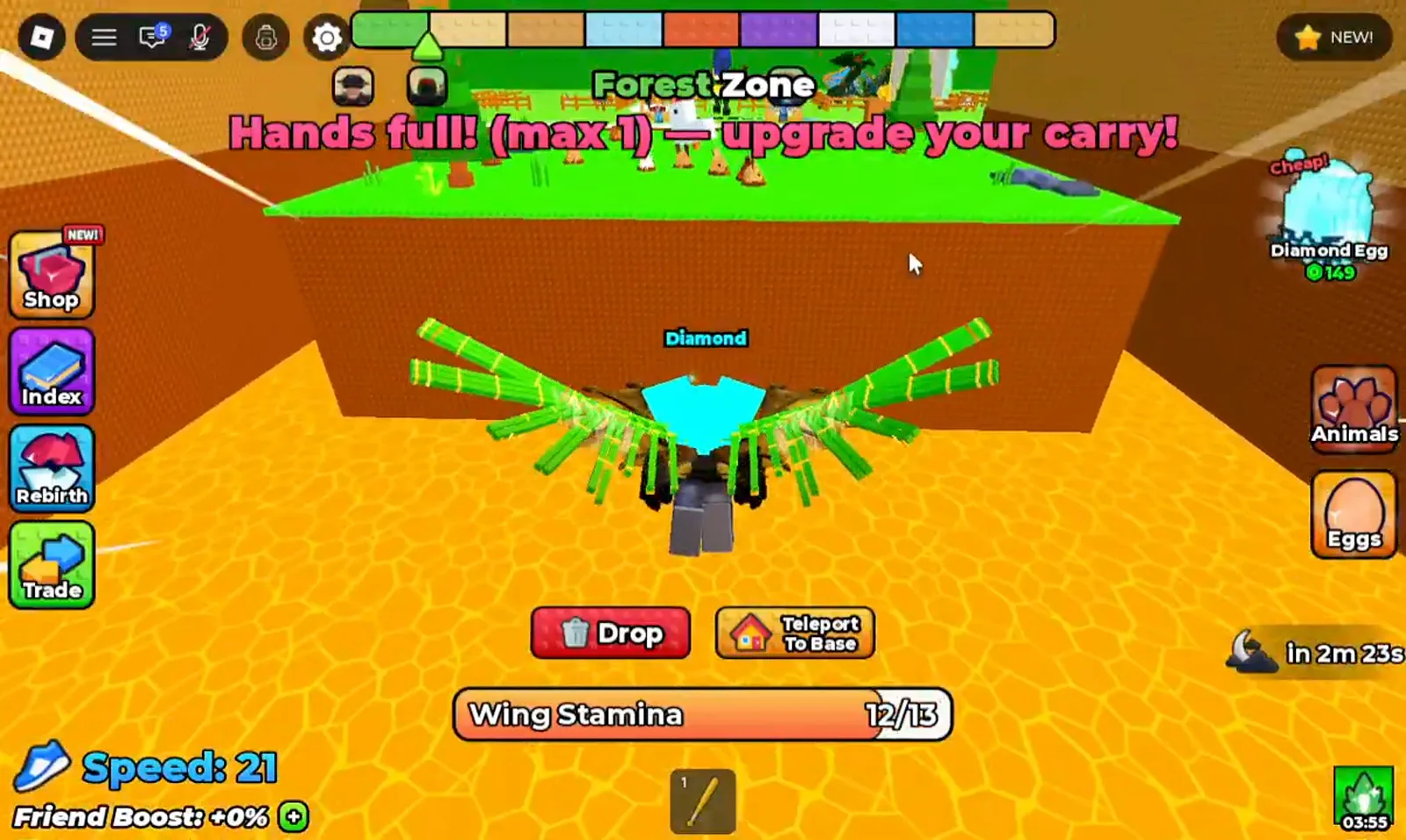 Hands full max 1 toast in +1 Wings For Eggs warning the player to upgrade carry after grabbing an egg in the Forest Zone