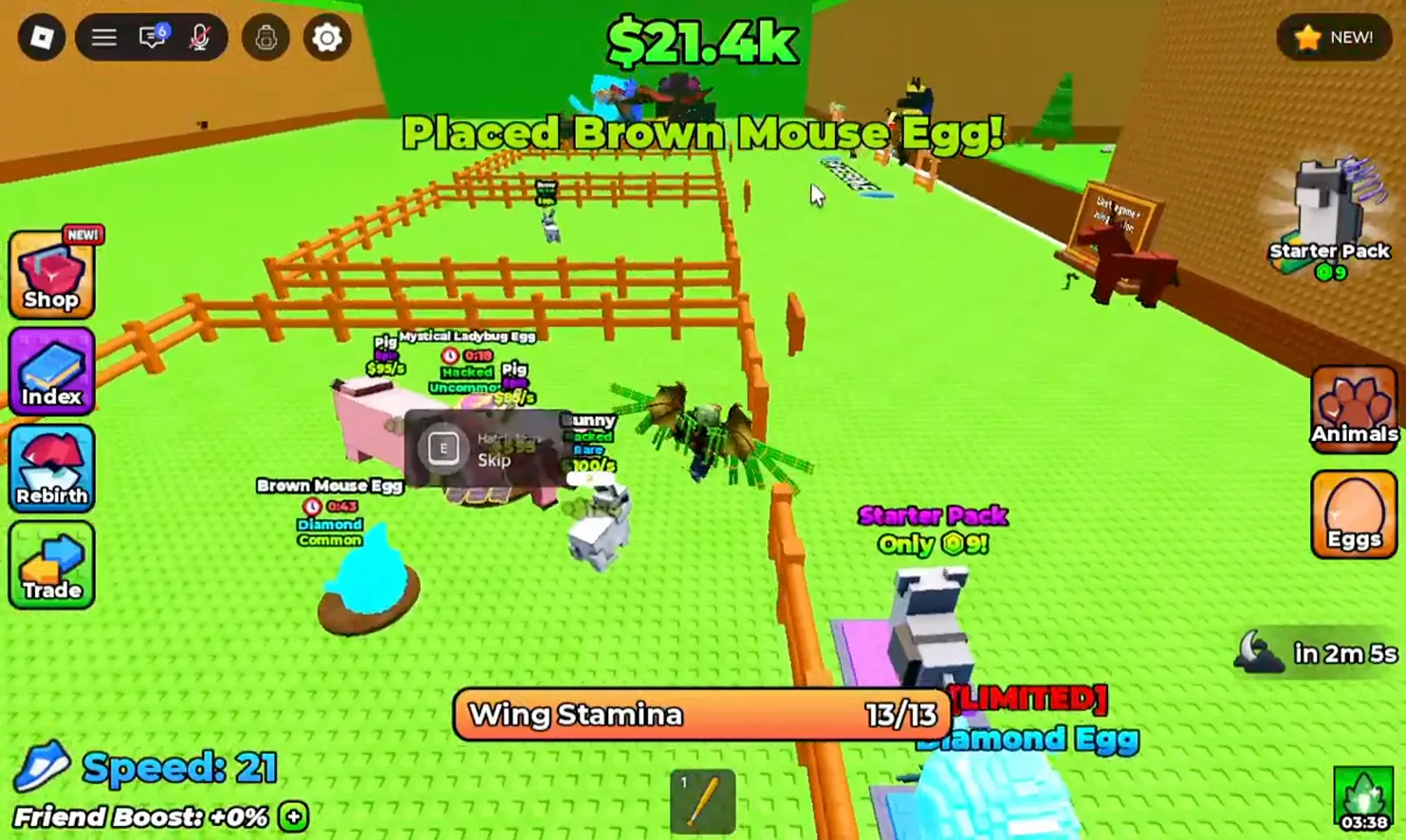 Brown Mouse Egg placed in a +1 Wings For Eggs pen with the Diamond mutation label and cash per second cards on the animals