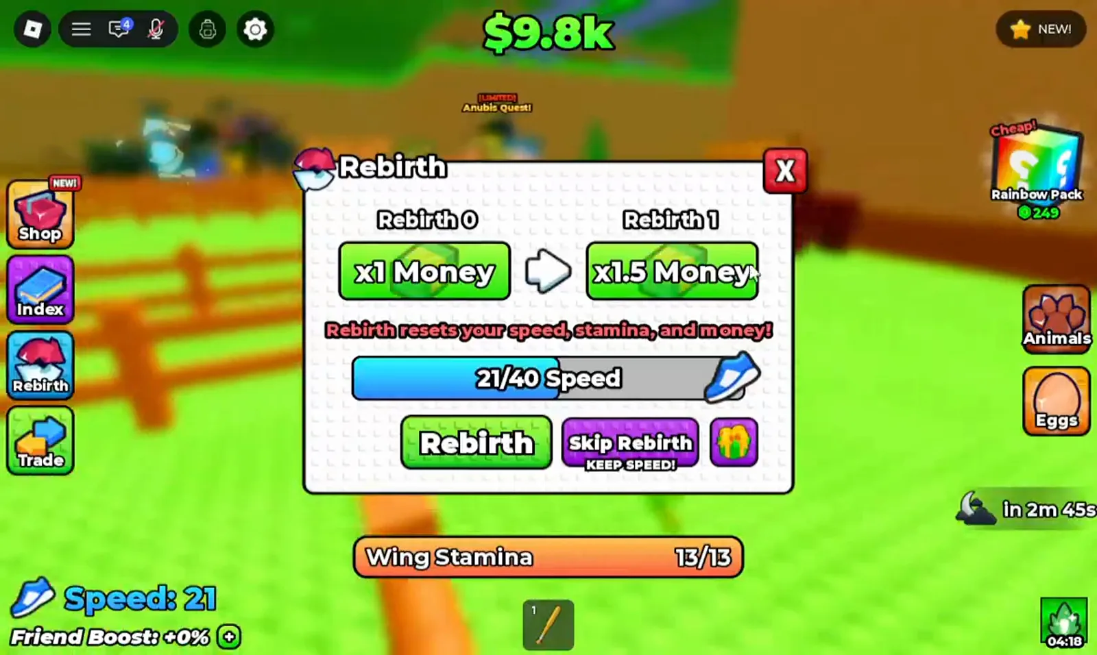 Rebirth panel in +1 Wings For Eggs previewing the x1 to x1.5 money multiplier with the purple Skip Rebirth KEEP SPEED button