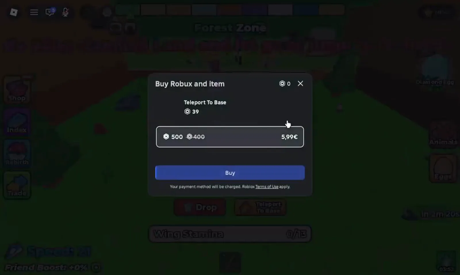 Roblox purchase dialog in +1 Wings For Eggs asking 39 Robux to Teleport To Base while the player carries a Diamond Egg with an empty stamina bar