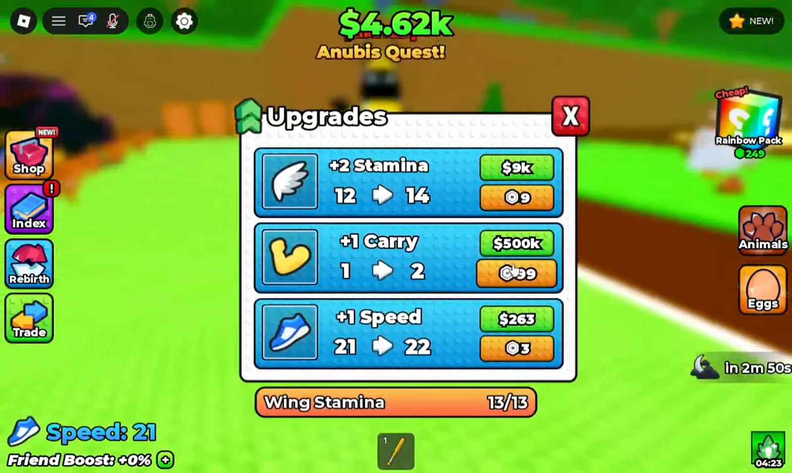 Upgrades panel in +1 Wings For Eggs showing the +2 Stamina, +1 Carry and +1 Speed rows with 9, 99 and 3 Robux chips beside the cash prices