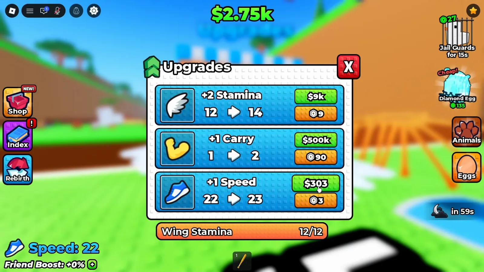 Das Upgrades-Menü in +1 Wings For Eggs zeigt nach dem täglichen Geldgeschenk $2.75k Guthaben, $303 für Speed, $9k für Stamina und $500k für Carry.