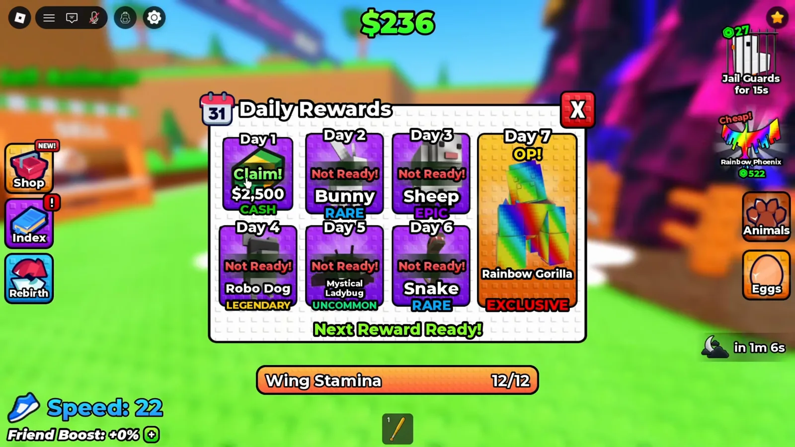 Der Mauszeiger steht auf der Day-1-Claim-Schaltfläche für das $2.500-Geldgeschenk im Daily-Rewards-Kalender von +1 Wings For Eggs.