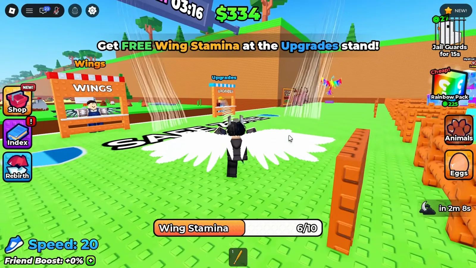 Die Safe Zone von +1 Wings For Eggs zeigt den blau gestreiften Upgrades-Stand neben Wings als Ausgangspunkt der täglichen Geschenkabholung.