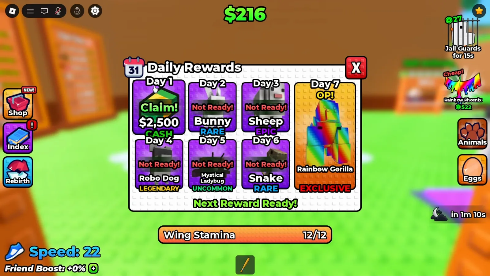 Der Daily-Rewards-Kalender in +1 Wings For Eggs zeigt die sieben Geschenke von Startgeld über Bunny bis zum Rainbow Gorilla.