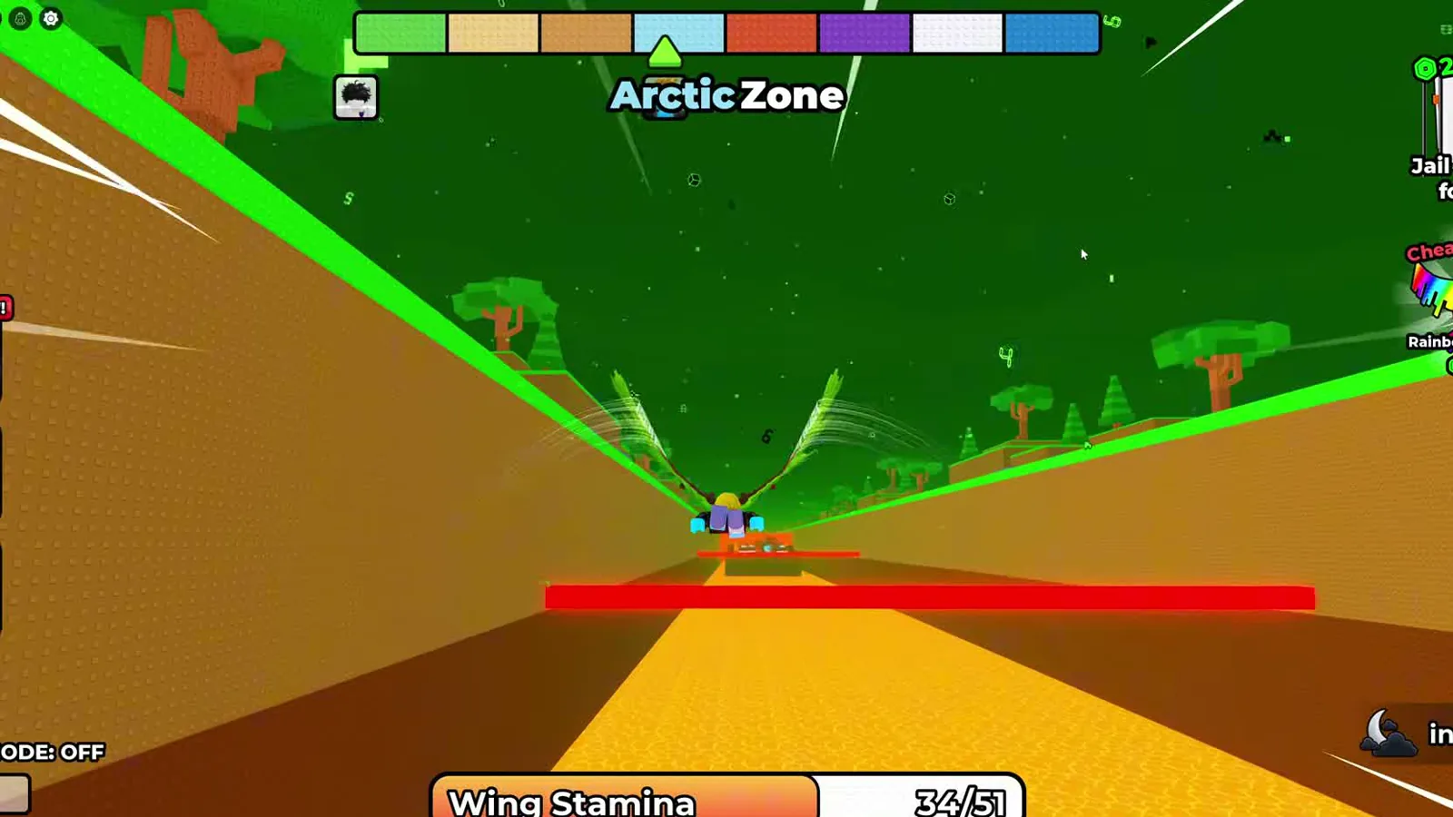 Arctic Zone crossing in +1 Wings For Eggs with 34 of 51 stamina left as the red laser barrier blocks the far ridge