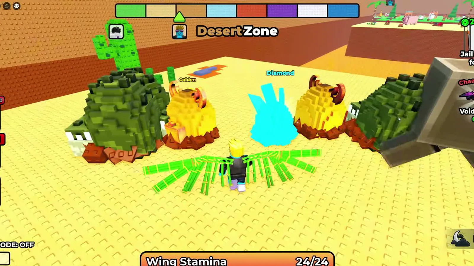 Desert Zone nest cluster with Golden and Diamond mutation labels floating over the eggs while the Wing Stamina bar shows 24 of 24