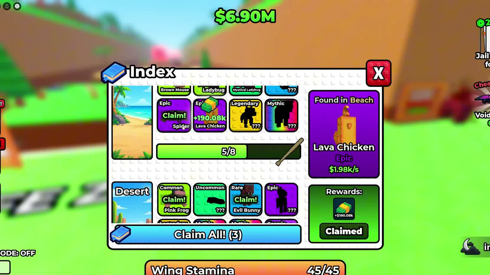Index egg collection panel for the Beach Zone showing Common, Uncommon, Epic, Legendary and Mythic slots plus a Claim All payout