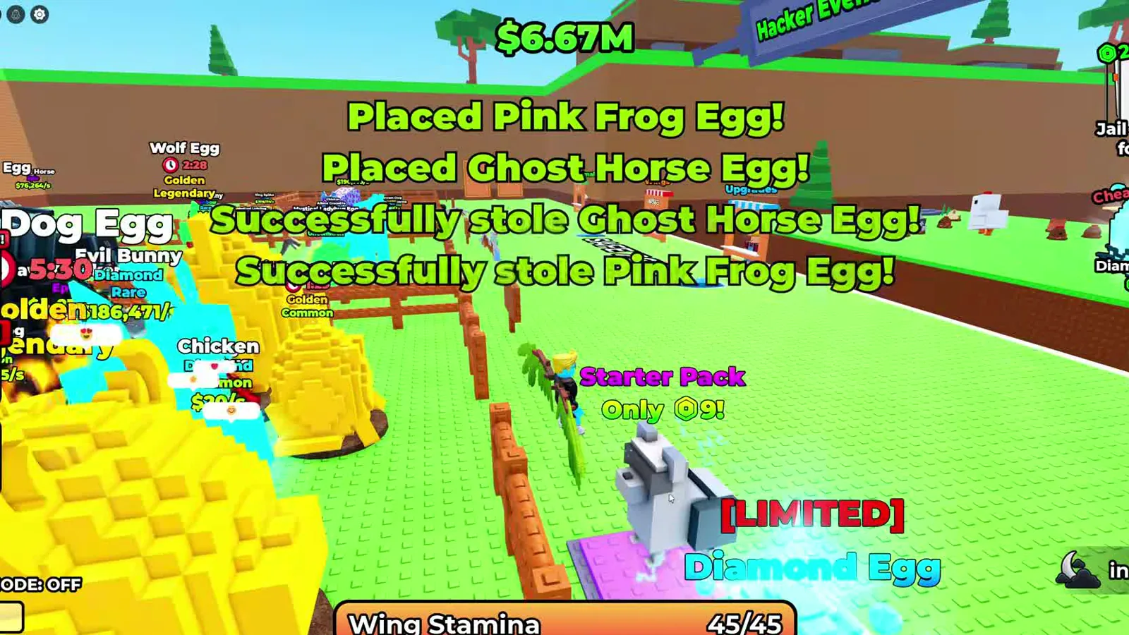 Pen in +1 Wings For Eggs showing floating egg labels for Rare Evil Bunny, Common Chicken and Legendary Golden Wolf next to a limited Diamond Egg