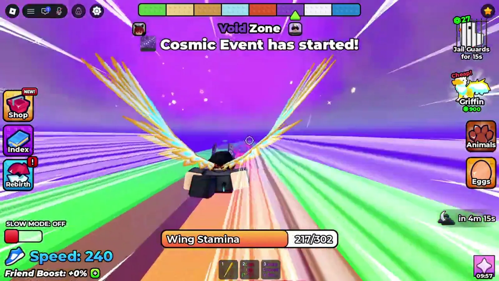 Cosmic Event has started banner over the purple Void Zone in +1 Wings For Eggs with the player mid-flight