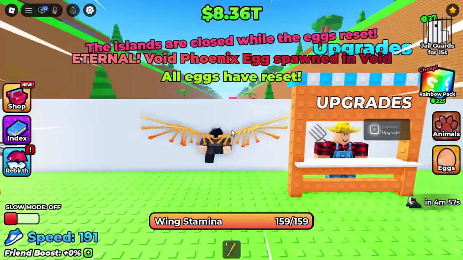 Three stacked notifications in +1 Wings For Eggs reading The islands are closed while the eggs reset, ETERNAL Void Phoenix Egg spawned in Void, and All eggs have reset