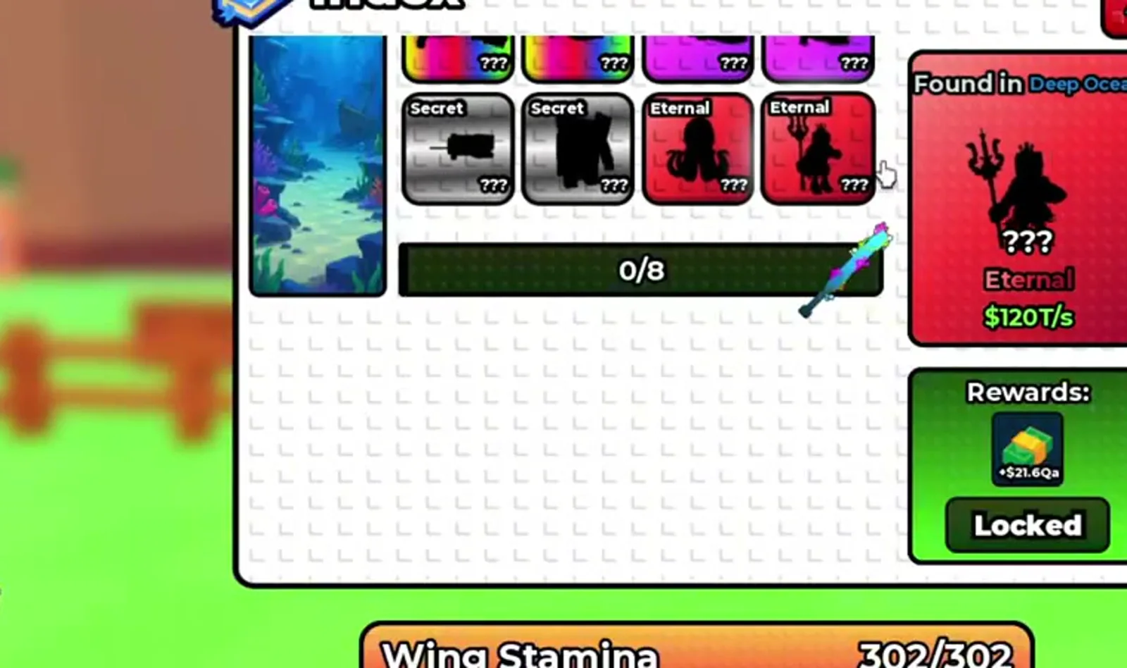 Index collection screen in +1 Wings For Eggs showing the Deep Ocean set as 0 of 8 with Secret and Eternal rarity cards and a locked reward