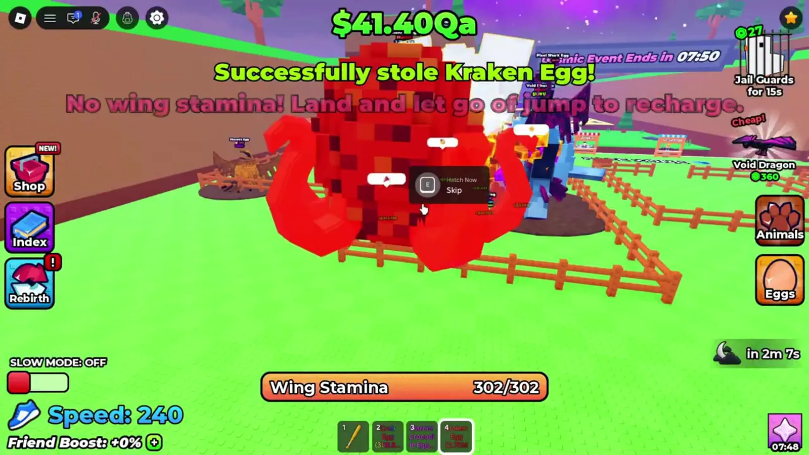 Successfully stole Kraken Egg notification in +1 Wings For Eggs after the player answers a short spawn window