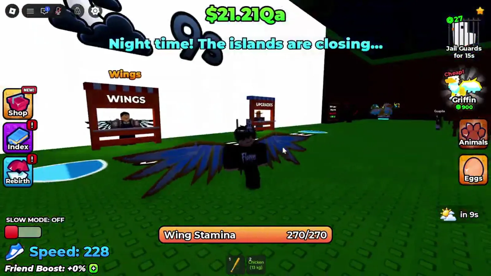 Night time notification in +1 Wings For Eggs reading the islands are closing above the Wings and Upgrades stands