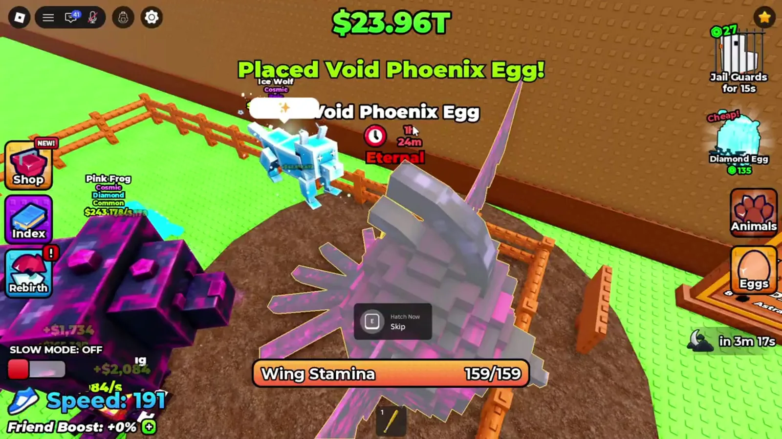 Void Phoenix Egg floating an Eternal label and a 1h 24m hatch timer above the Steal prompt in the +1 Wings For Eggs Void Zone