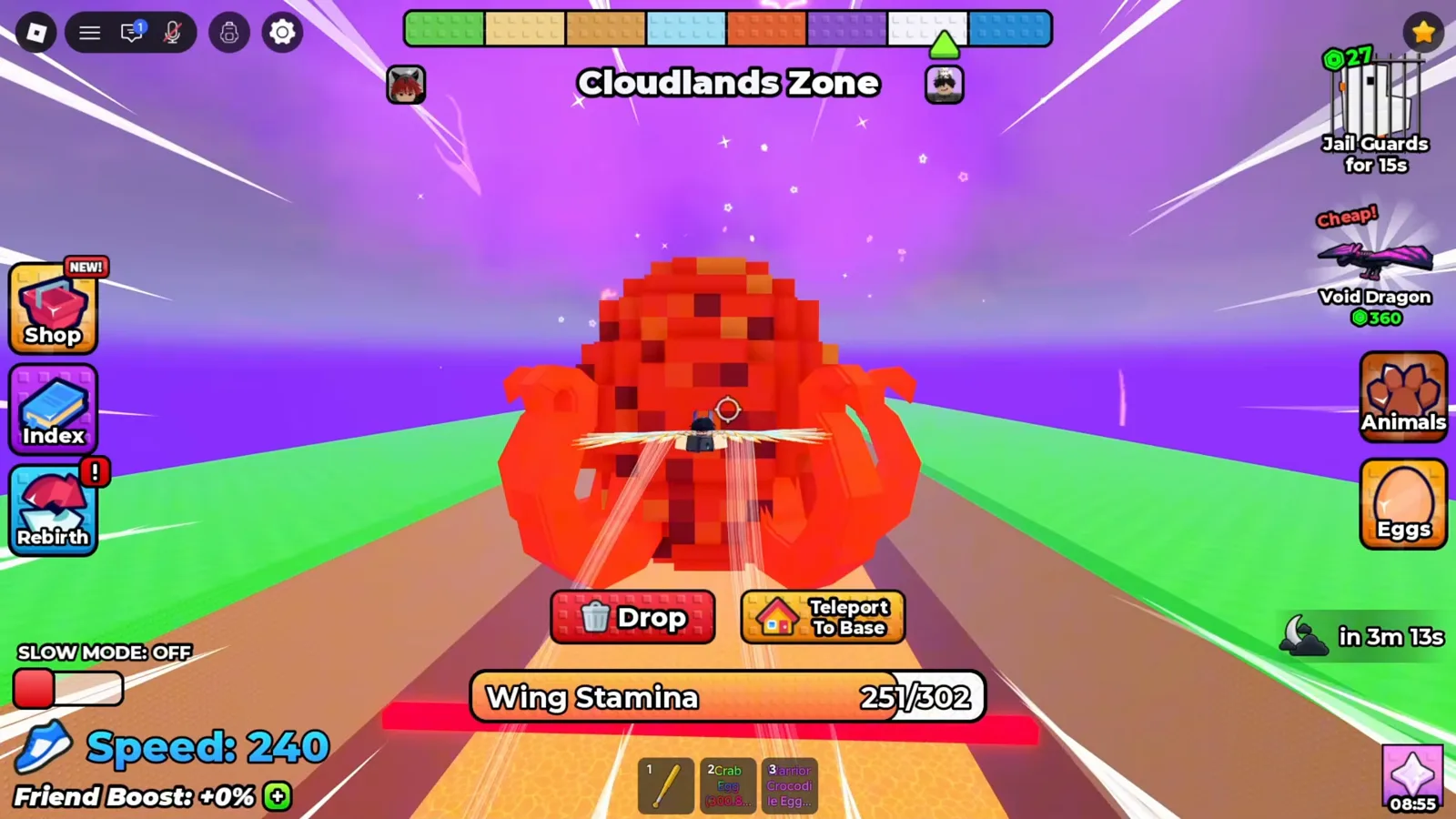 Zona Cloudlands de +1 Wings For Eggs con un enorme nido rojo delante del jugador, que lleva huevos y ve los avisos Drop y Teleport To Base