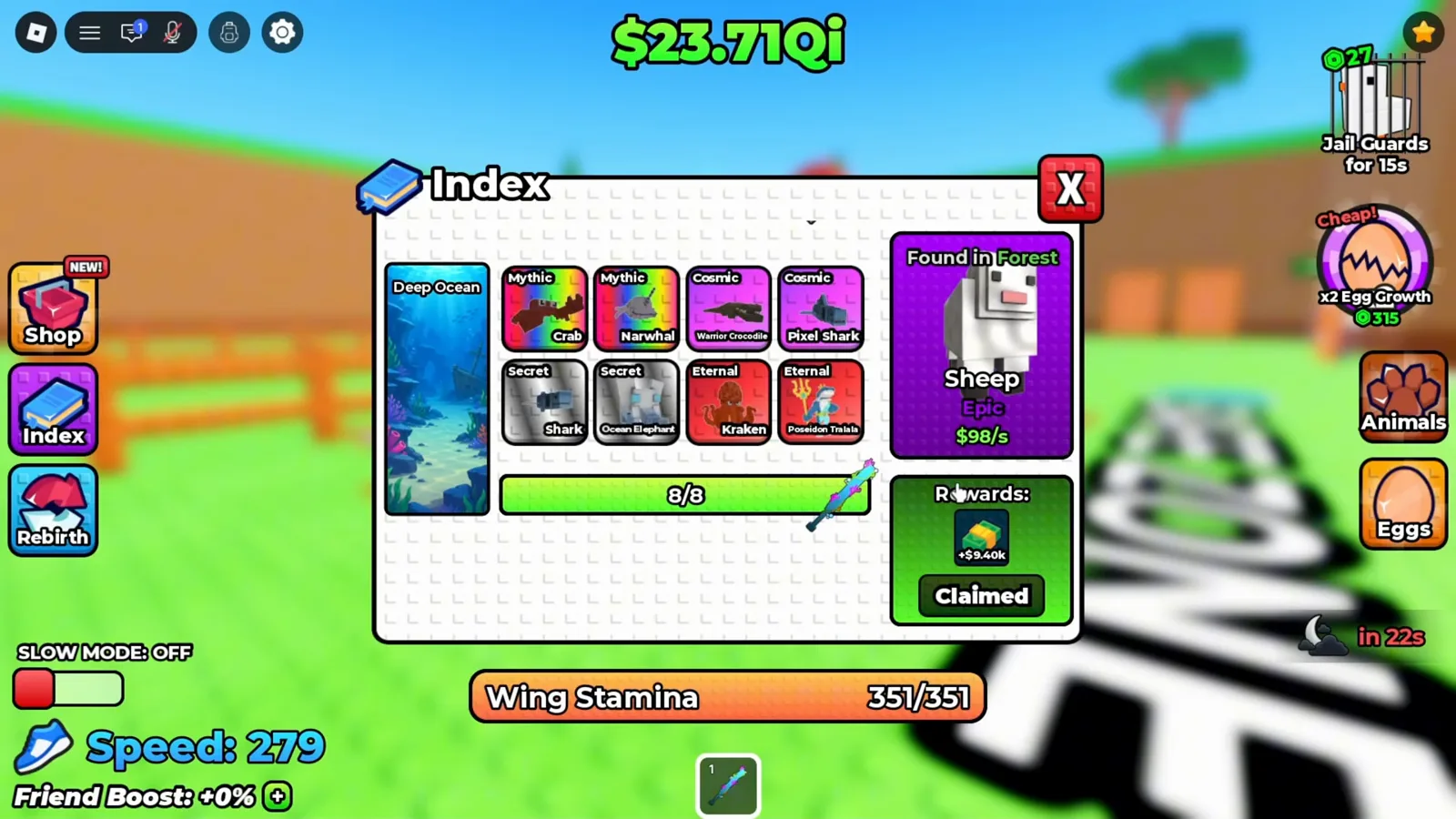 Panel de Index en +1 Wings For Eggs con la colección Deep Ocean a 8 de 8, tarjetas de Eternal Kraken y Poseidon Tralala y una recompensa de 9,40k ya reclamada