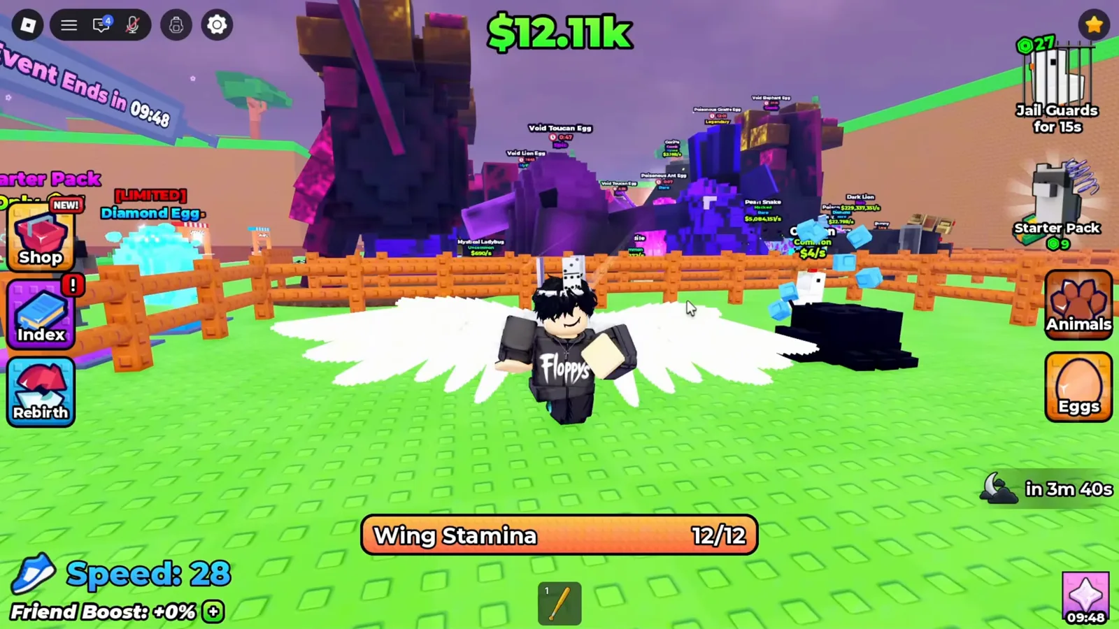 Cuenta atrás del evento de lava marcando 09:48 en el HUD de +1 Wings For Eggs junto a un corral lleno de animales mientras el jugador planea con 12 de 12 de stamina
