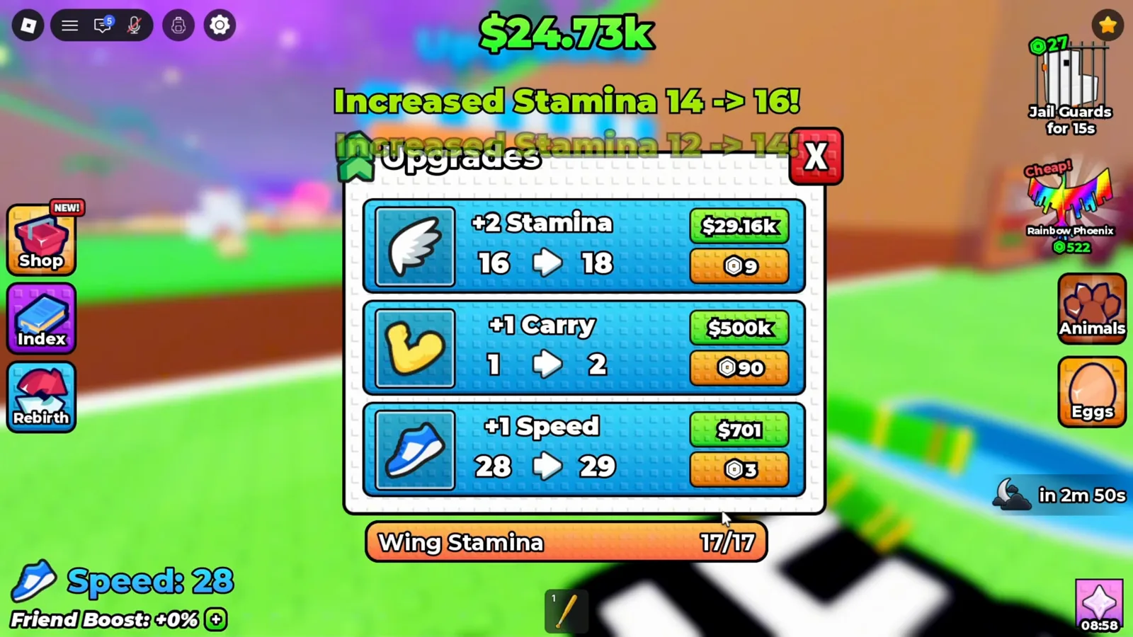 Puesto Upgrades de +1 Wings For Eggs con la fila de más dos stamina a 23,1k, la de más uno carry a 300k y la de más uno speed a 701
