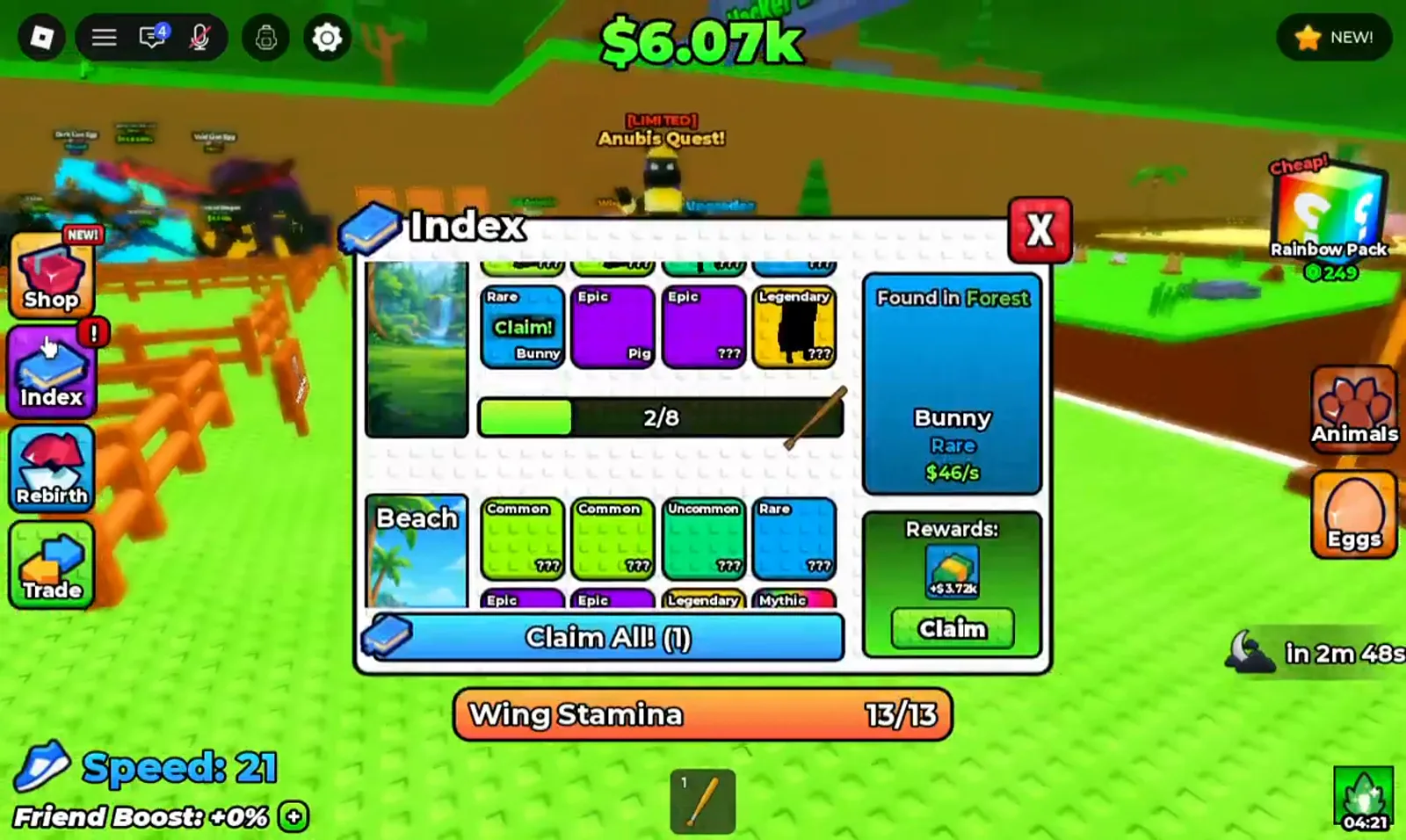 Index panel in +1 Wings For Eggs listing hatched animals with their rarity and cash per second values