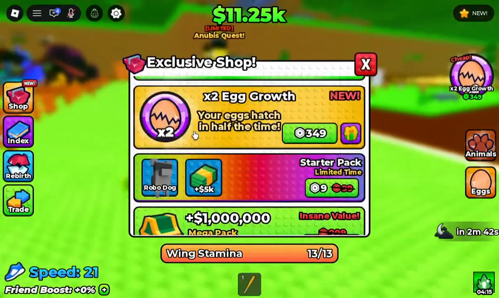 Exclusive Shop panel in +1 Wings For Eggs showing the x2 Egg Growth, Starter Pack and cash mega pack offers