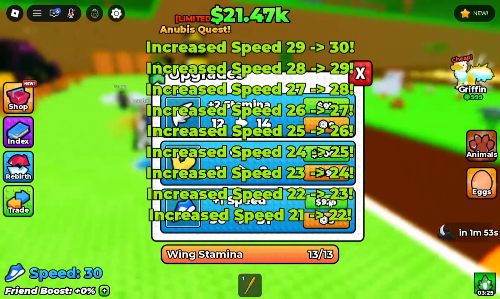 Stack of increased flight speed notifications in +1 Wings For Eggs showing the speed stat rising while flying