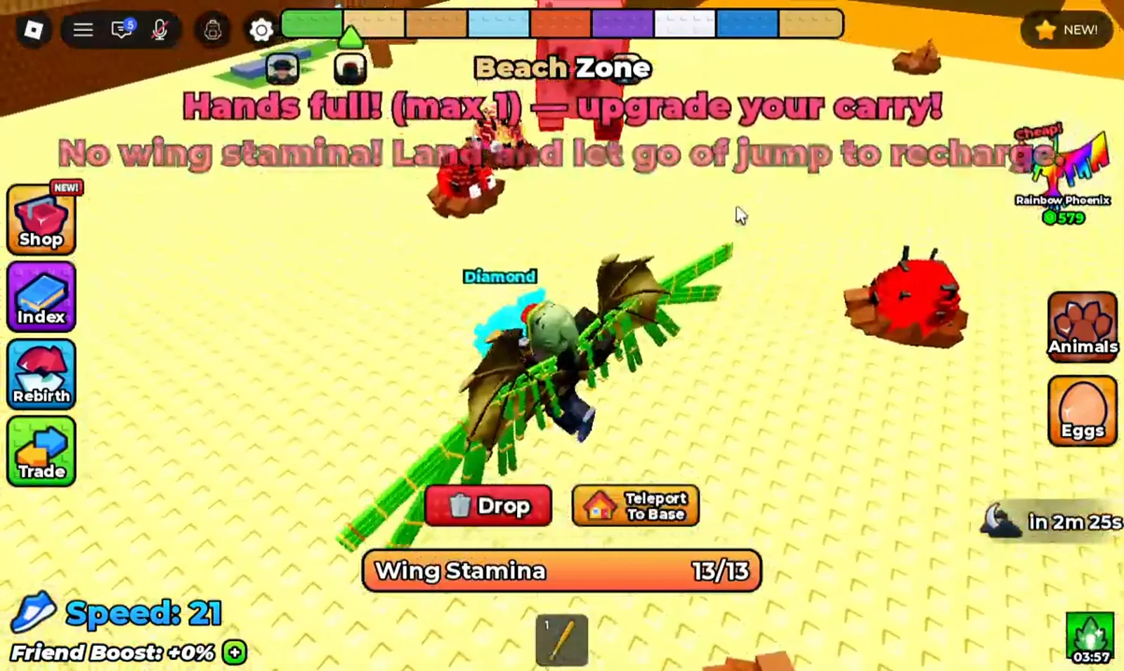Beach Zone warning in +1 Wings For Eggs showing both the hands full carry message and the wing stamina message