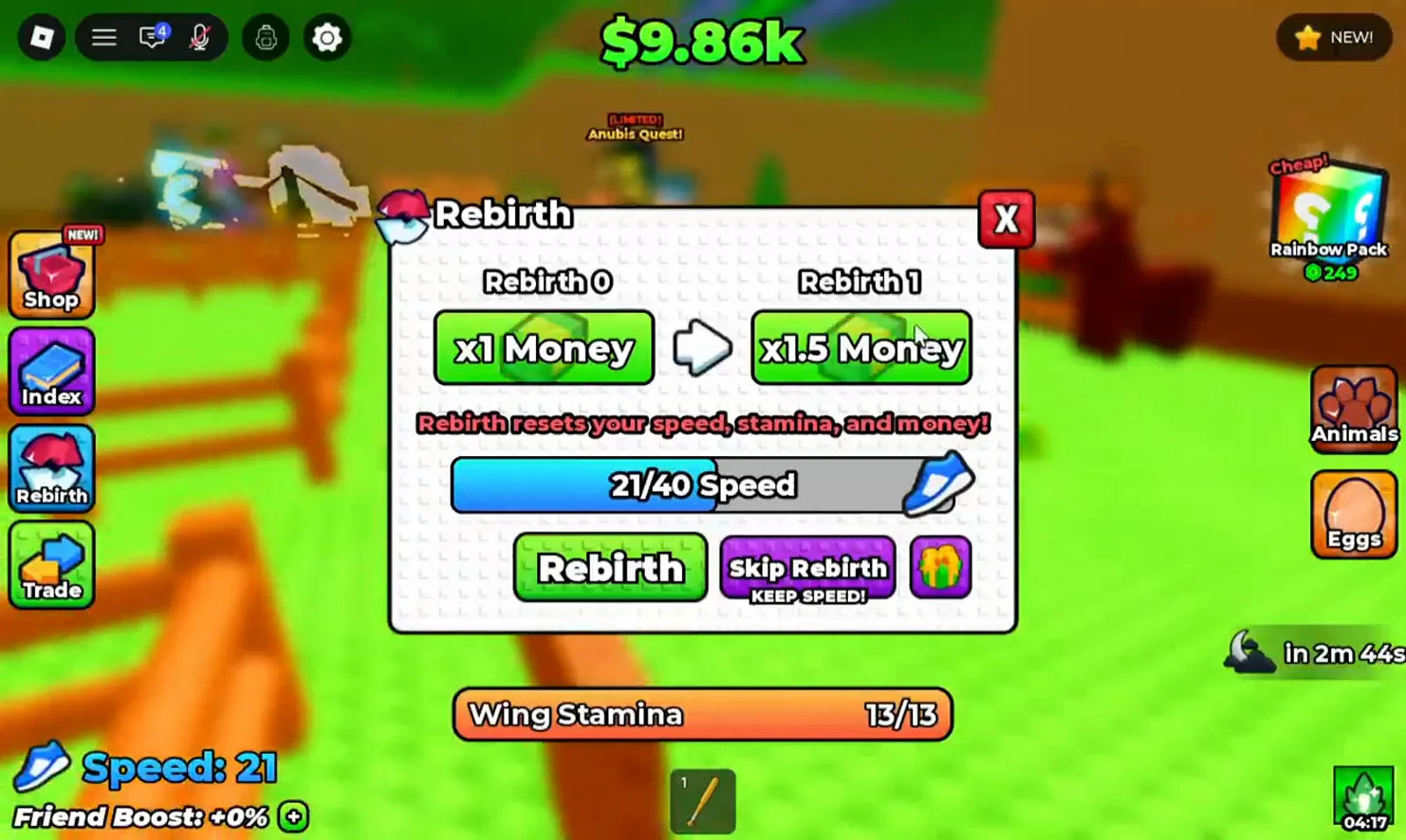 Rebirth panel in +1 Wings For Eggs previewing the x1 to x1.5 money multiplier and the skip rebirth keep speed option