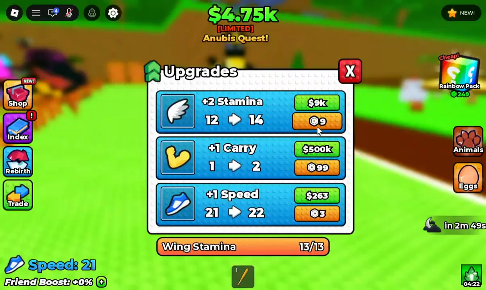 Upgrades stand panel in +1 Wings For Eggs showing the +2 Stamina, +1 Carry and +1 Speed rows with cash and Robux prices