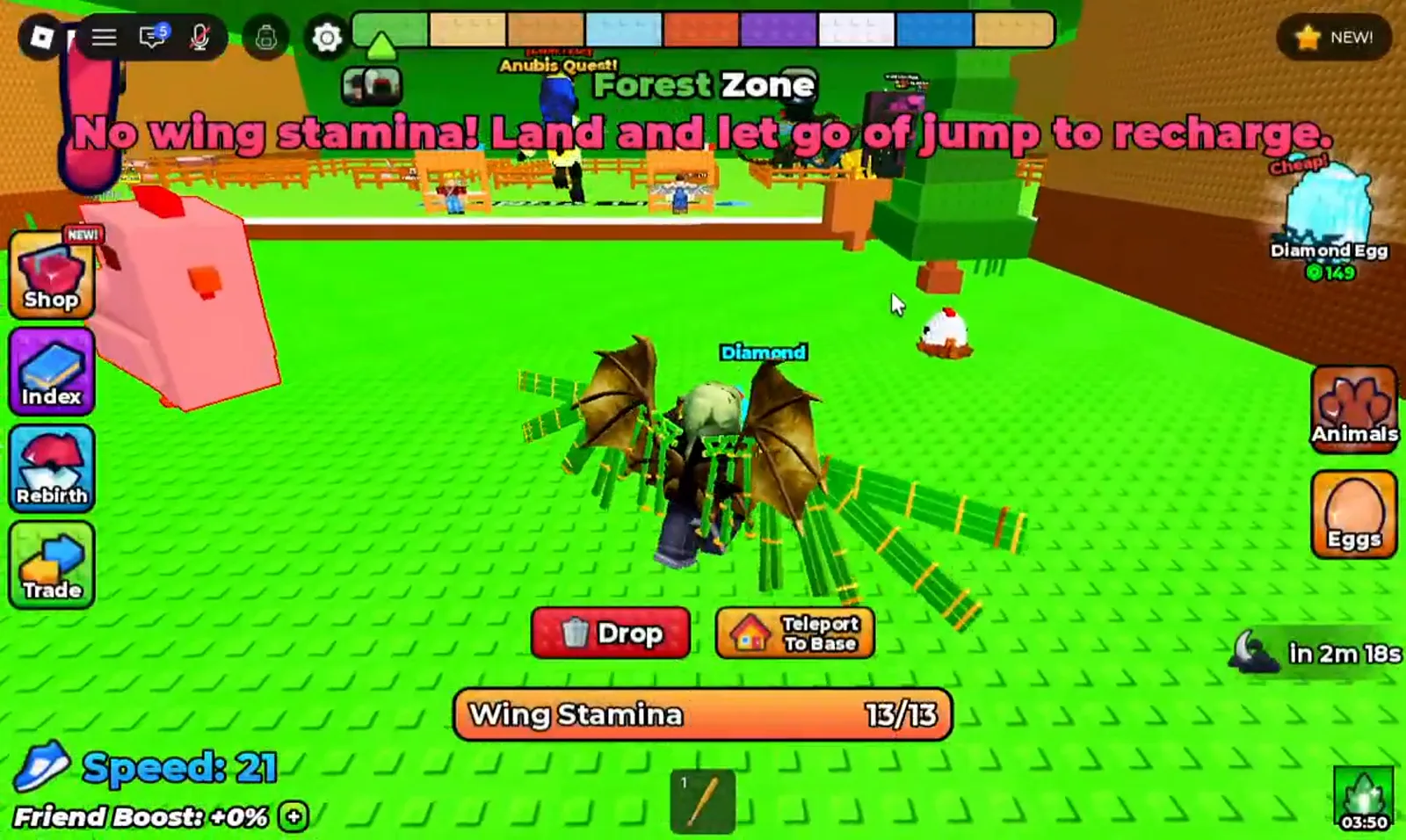 Forest Zone flight in +1 Wings For Eggs with the no wing stamina warning prompting the player to land and recharge