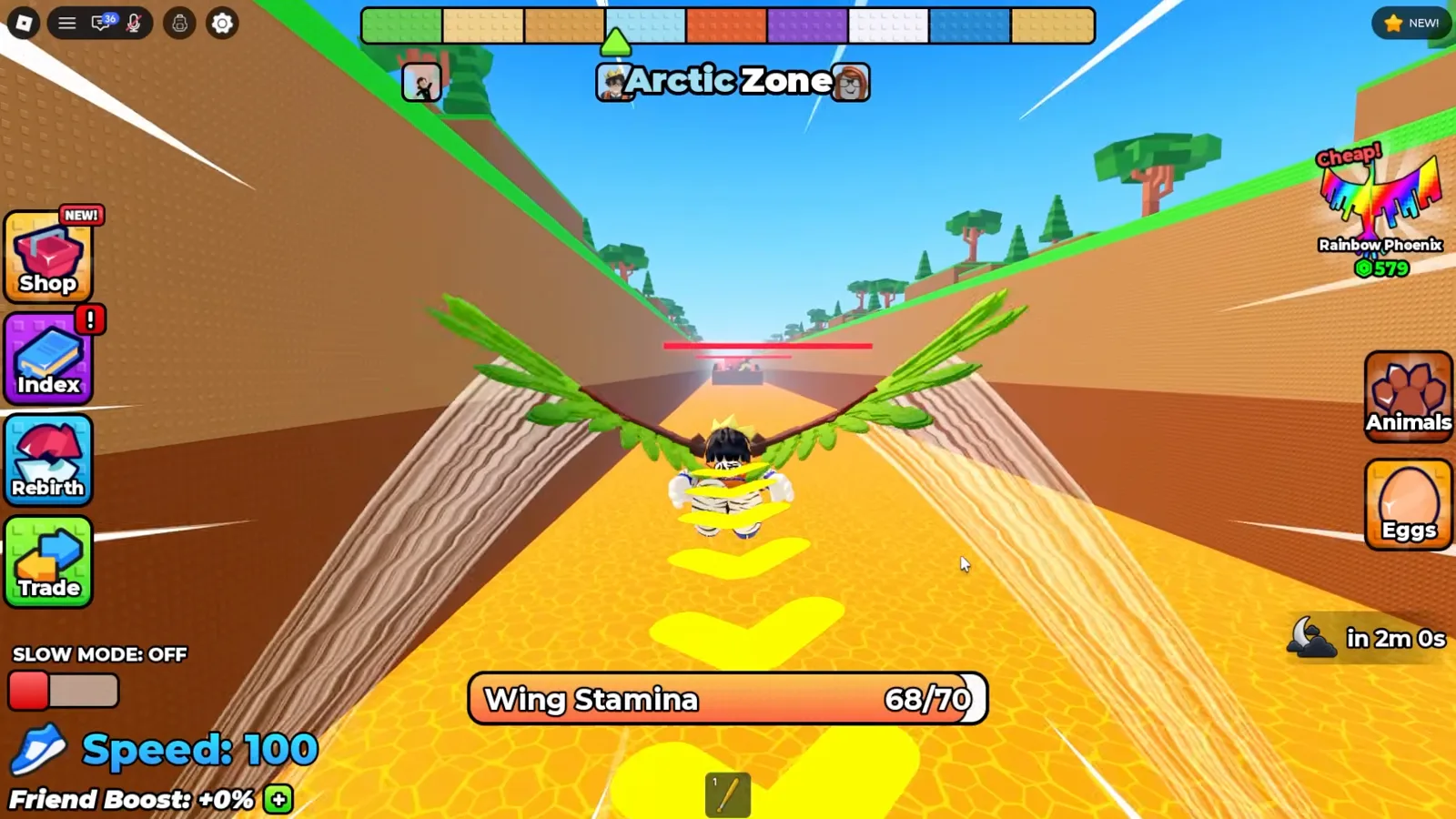 Cruce del Arctic en +1 Wings For Eggs con velocidad 100, 68 de 70 de resistencia de alas restante y la barrera láser delante