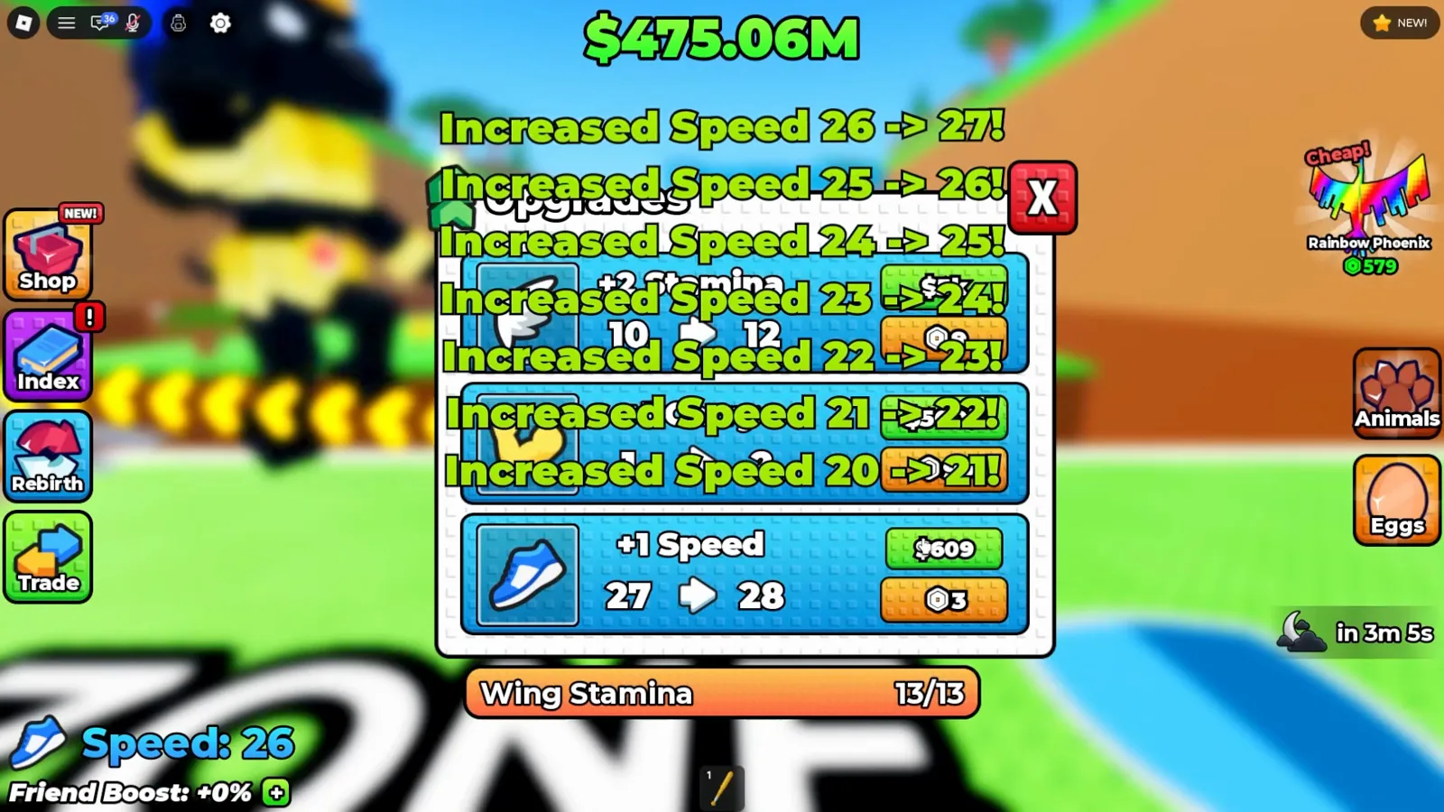 Siete avisos Increased Speed apilados en +1 Wings For Eggs subiendo de 20 a 27 sobre el panel Upgrades que pide $609 por el siguiente punto