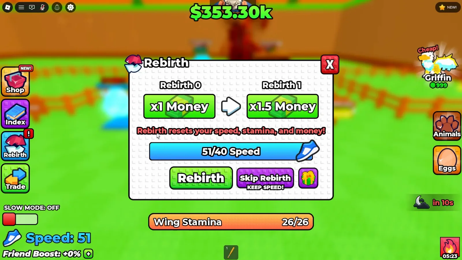 Panel de Renacer en +1 Wings For Eggs con la barra de requisito de velocidad llena en 51 de 40 junto a la previsualización de dinero x1 a x1.5