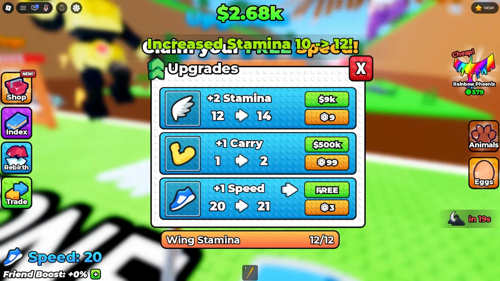 Panel del puesto Upgrades en +1 Wings For Eggs que cotiza la fila +1 Speed de 20 a 21 con ficha de dinero FREE y una alternativa de 3 Robux