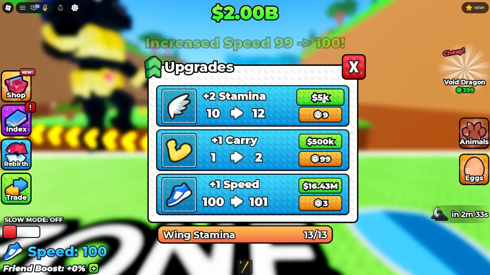 Compra tardía de velocidad en +1 Wings For Eggs a $16.43M en el nivel 100 con el aviso Increased Speed 99 to 100 todavía visible sobre el puesto