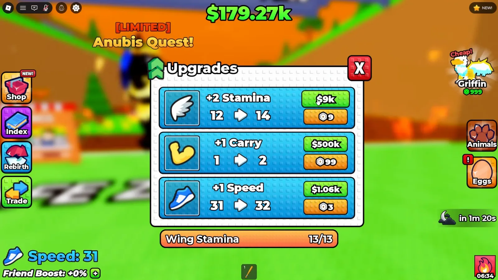 Panel del puesto Upgrades en +1 Wings For Eggs con la fila +1 Speed de 31 a 32 a $1.06k y una ficha de 3 Robux